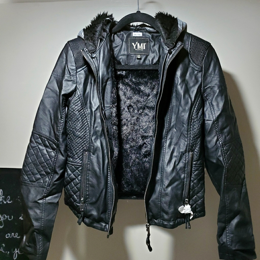 Fauxfur Lined Pleather Jacket With Hood - S